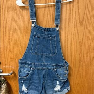 Denim Overalls with Distressed Detailing